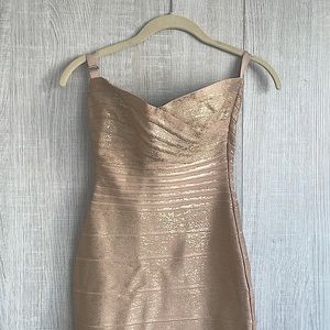 Herve Leger Strapless Champagne Gold Bandage Sheath Dress XS
